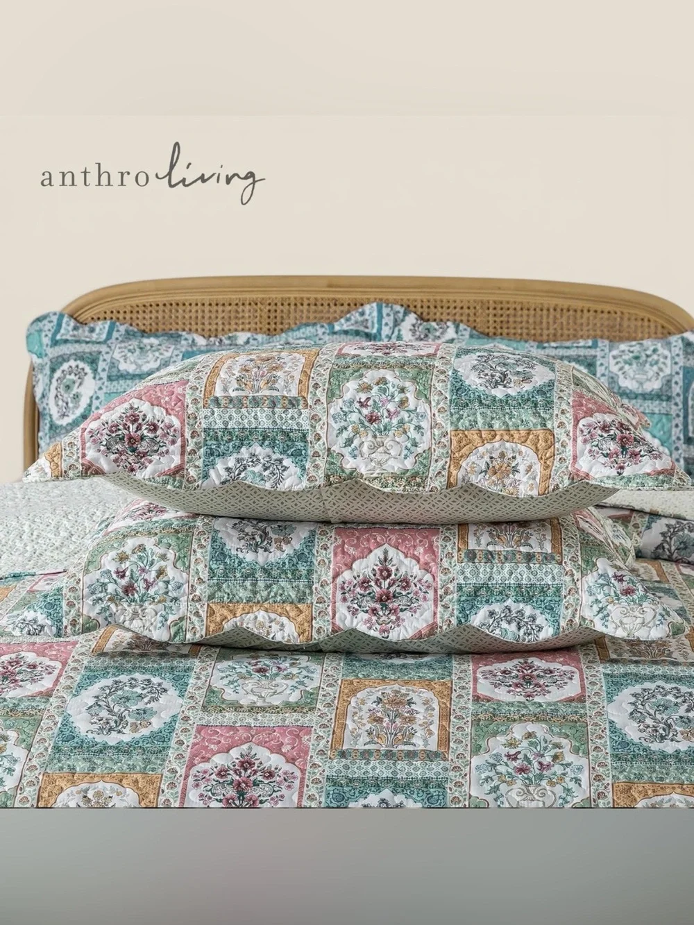 NEW Anthro Multicolor Patchwork Floral Boho Queen / King Bedding Quilt Sham Set